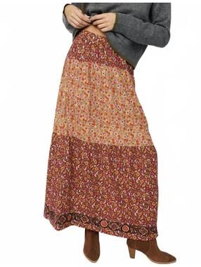 Natural Life Camille Embroidered Maxi Skirt NWT Stemmed Daisies Wine Medium